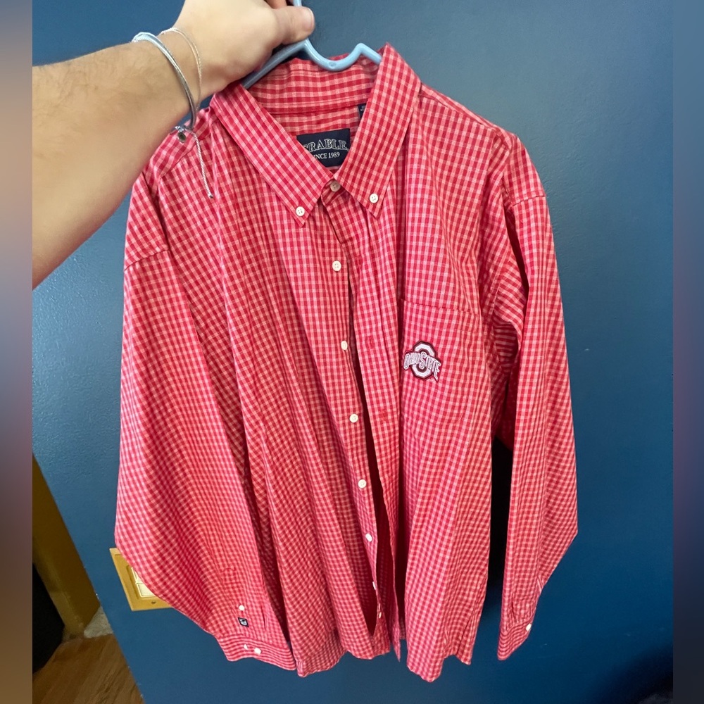 Red Checkered Ohio State Men's Button-Down Long Sleeve Shirt